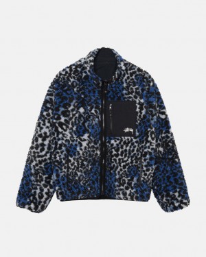 Stussy Sherpa Reversible Jacket - Unisex Jackets Blå Leopard | PDKQX96326