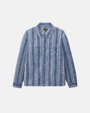 Stussy Stribet Sherpa Shirt - Unisex Tops Shirts Indigo | ZDKNQ28688