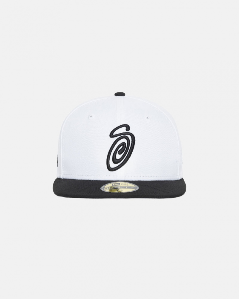 Stussy New Era 59Fifty Curly S - Unisex Hvide Sort | DDKVO95543