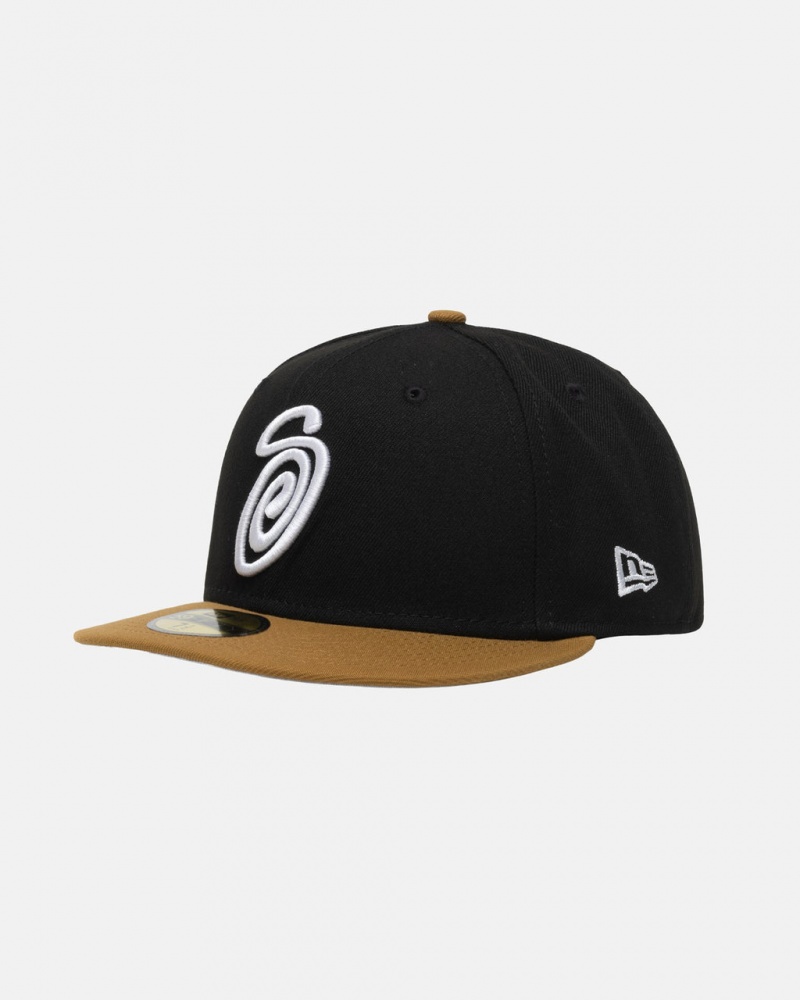 Stussy New Era 59Fifty Curly S - Unisex Sort Guld | XDKBH31160