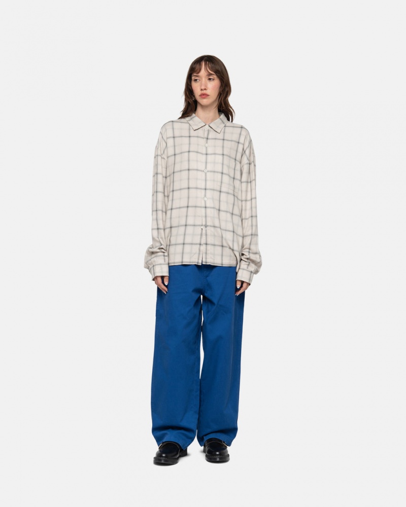 Stussy Shadow Plaid Rayon Shirt - Unisex Tops Beige | DKQAV33822