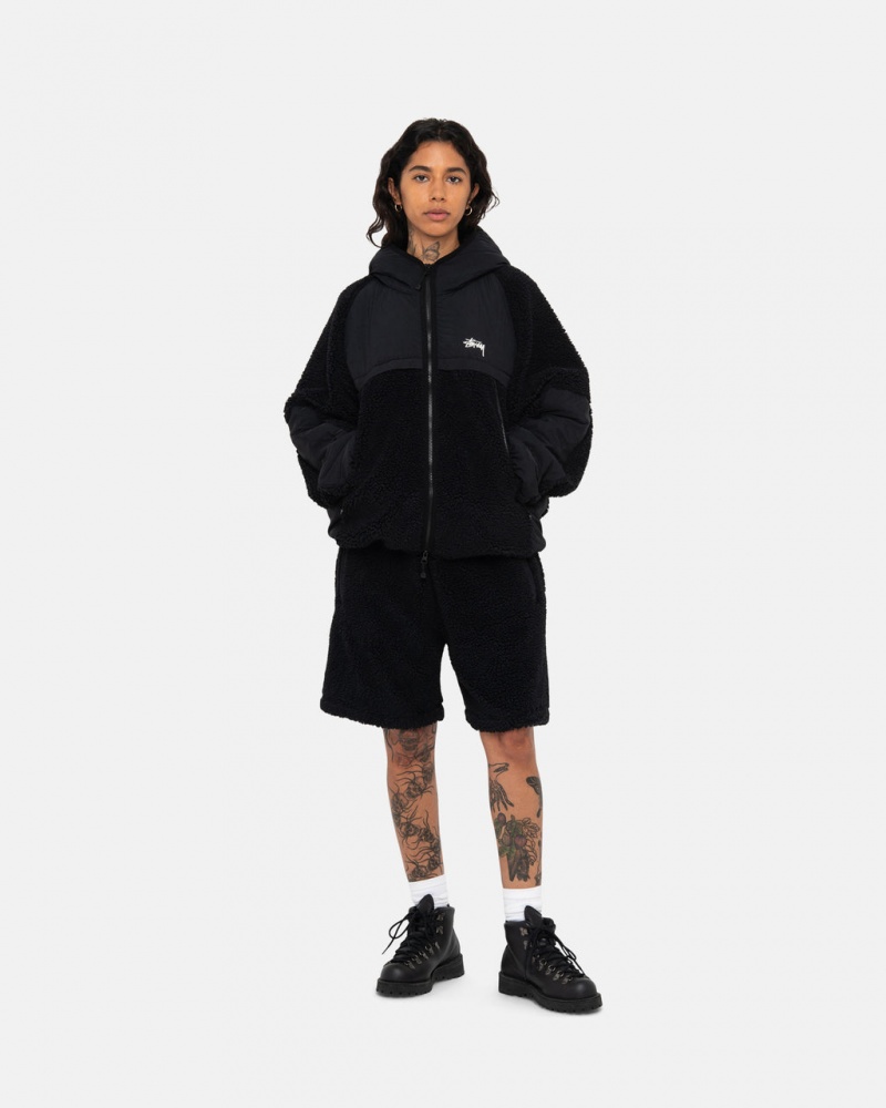 Stussy Sherpa Paneled Hætte Jacket - Unisex Hoodies Sort | DKQAV60456