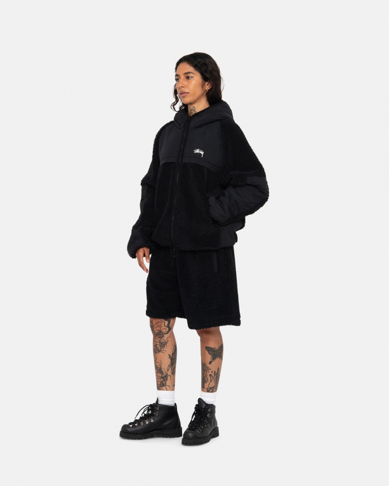 Stussy Sherpa Paneled Hætte Jacket - Unisex Hoodies Sort | DKQAV60456