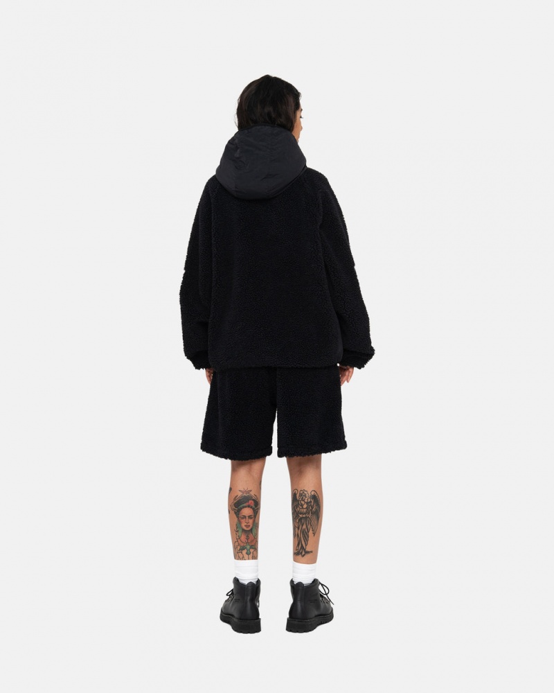 Stussy Sherpa Paneled Hætte Jacket - Unisex Hoodies Sort | DKQAV60456