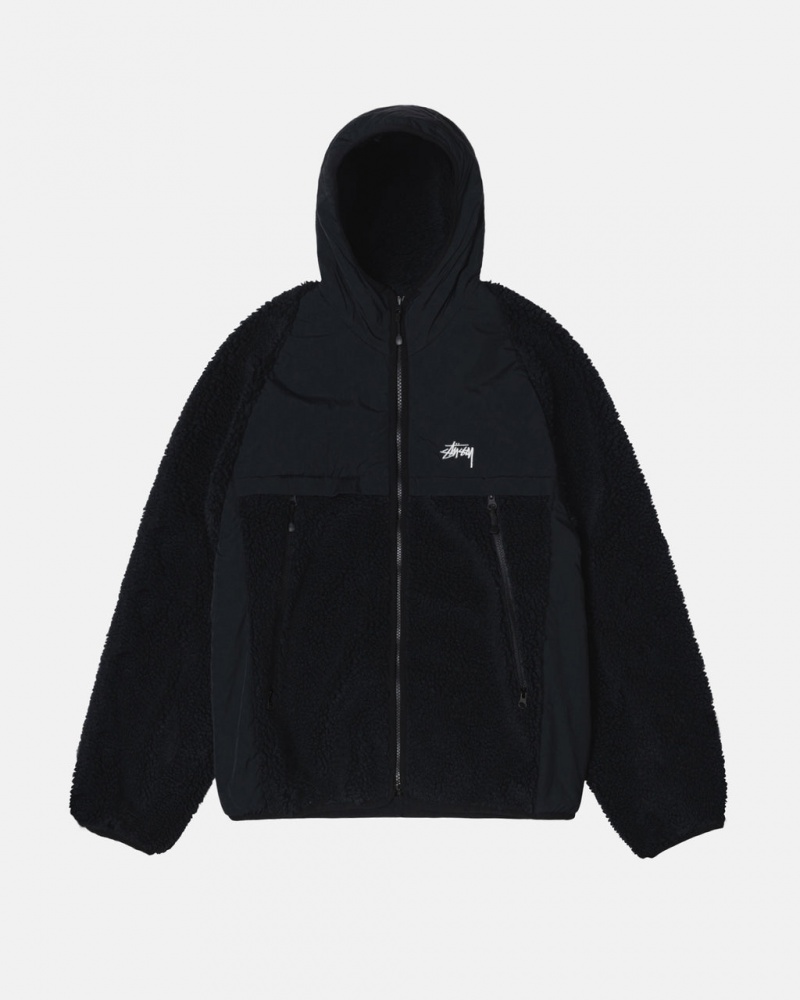 Stussy Sherpa Paneled Hætte Jacket - Unisex Hoodies Sort | DKQAV60456