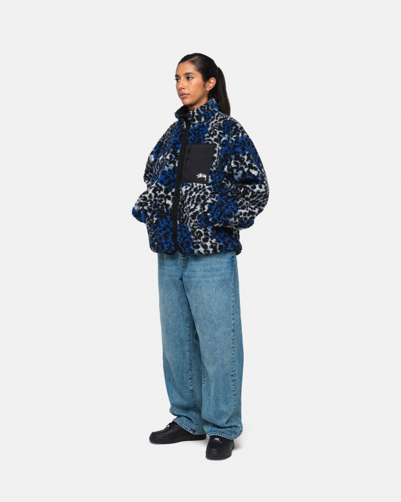 Stussy Sherpa Reversible Jacket - Unisex Jackets Blå Leopard | PDKQX96326