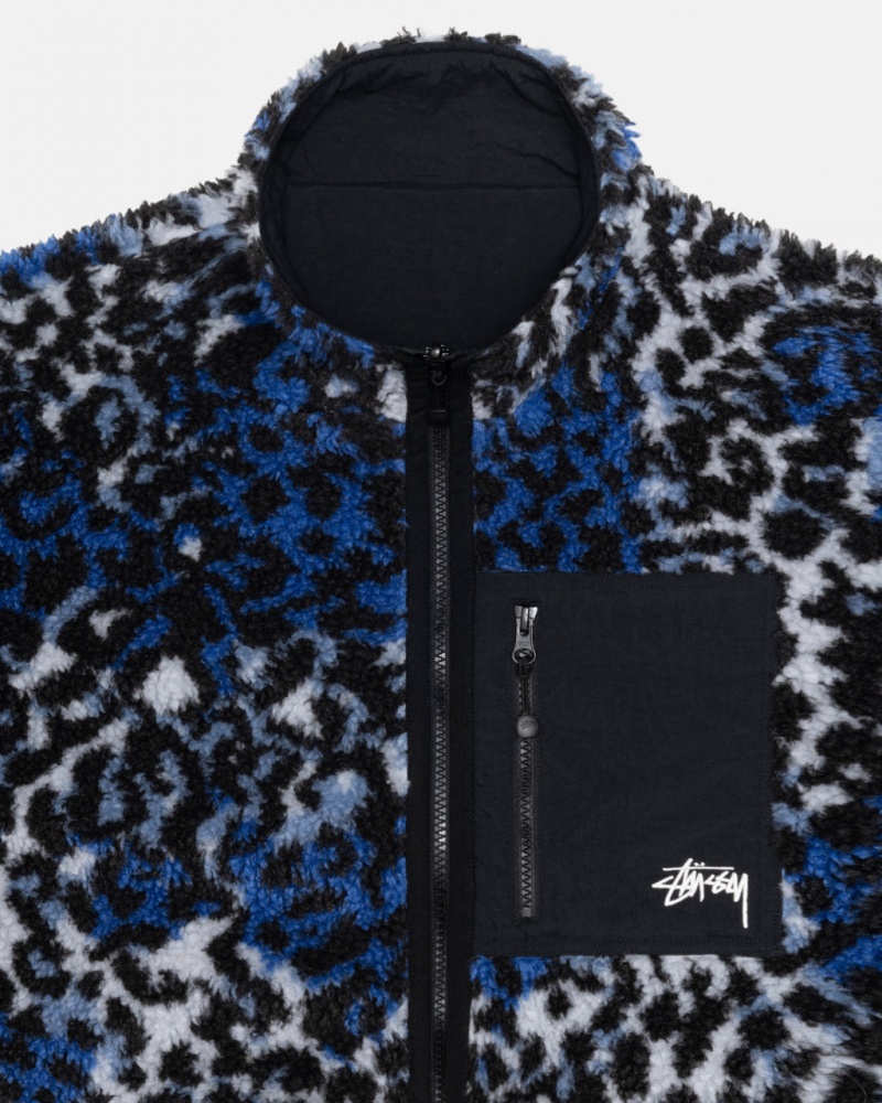 Stussy Sherpa Reversible Jacket - Unisex Jackets Blå Leopard | PDKQX96326