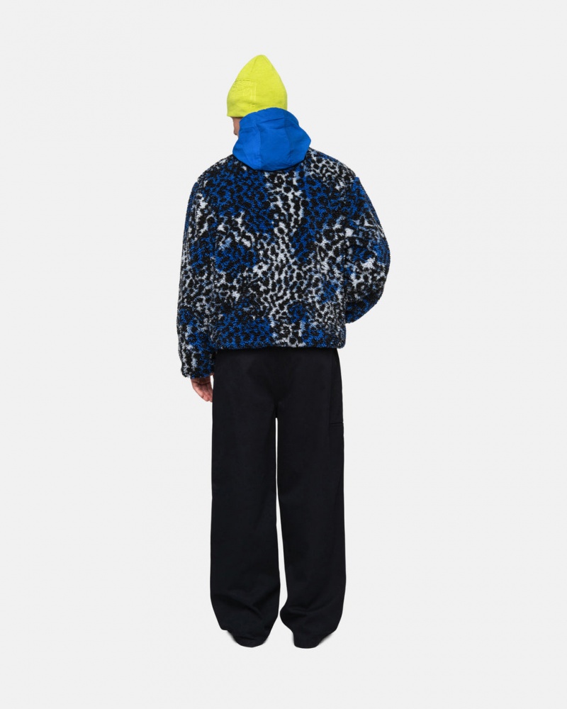 Stussy Sherpa Reversible Jacket - Unisex Jackets Blå Leopard | PDKQX96326