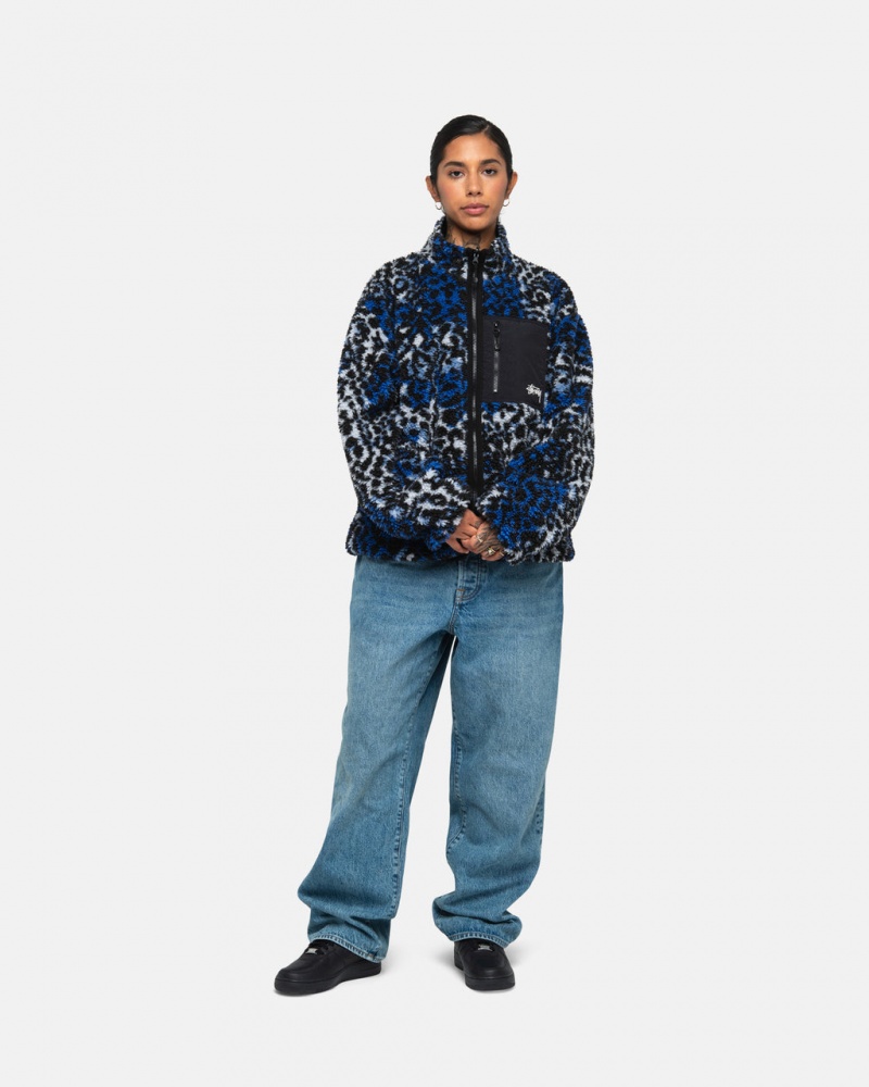 Stussy Sherpa Reversible Jacket - Unisex Jackets Blå Leopard | PDKQX96326