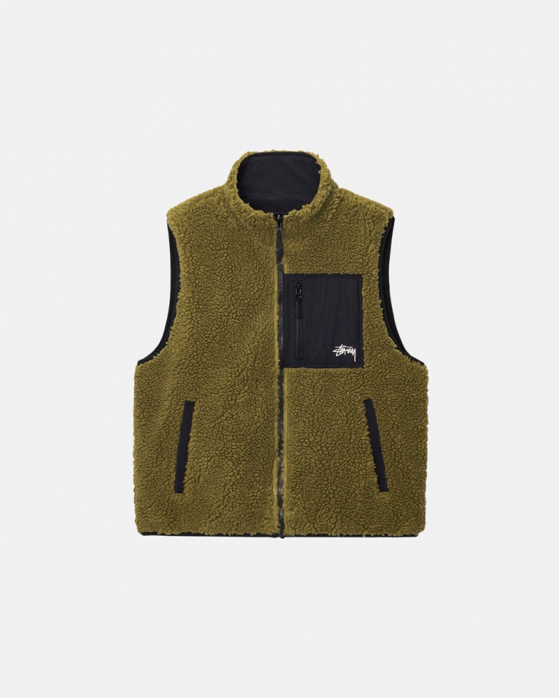 Stussy Sherpa Reversible Vest - Unisex Jackets Olivengrøn | ZDKNQ92914