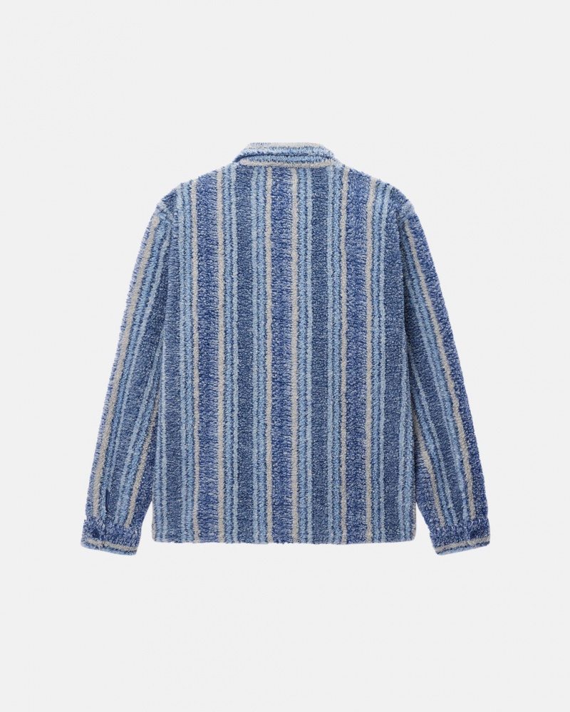 Stussy Stribet Sherpa Shirt - Unisex Tops Shirts Indigo | ZDKNQ28688