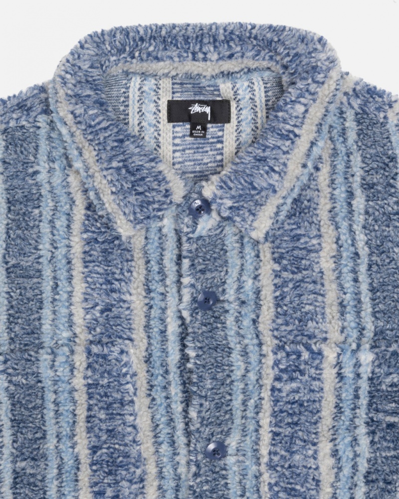 Stussy Stribet Sherpa Shirt - Unisex Tops Shirts Indigo | ZDKNQ28688