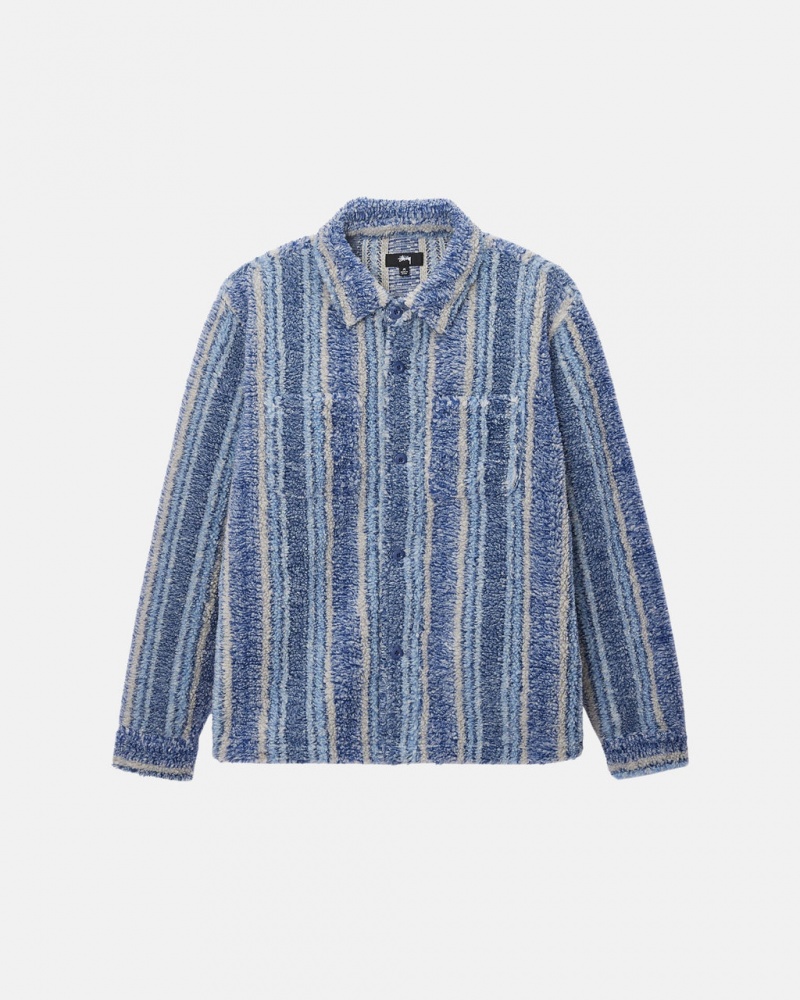 Stussy Stribet Sherpa Shirt - Unisex Tops Shirts Indigo | ZDKNQ28688