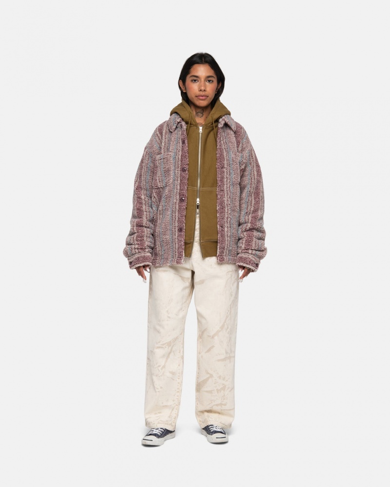 Stussy Stribet Sherpa Shirt - Unisex Tops Shirts Rød | EDKHC11310