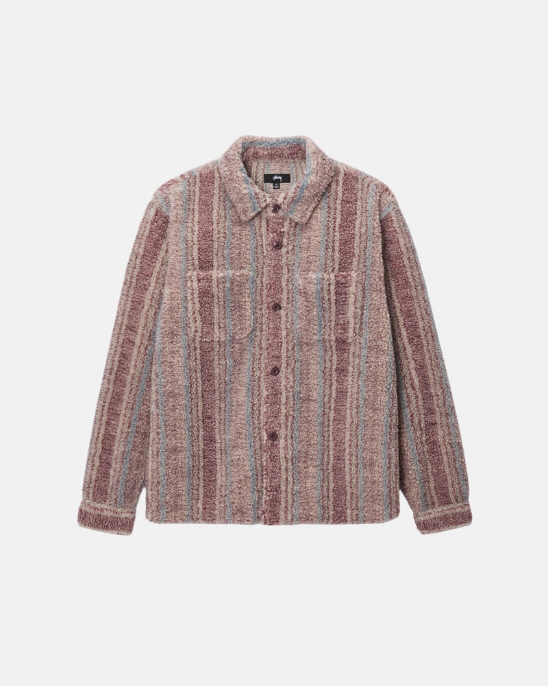 Stussy Stribet Sherpa Shirt - Unisex Tops Shirts Rød | EDKHC11310