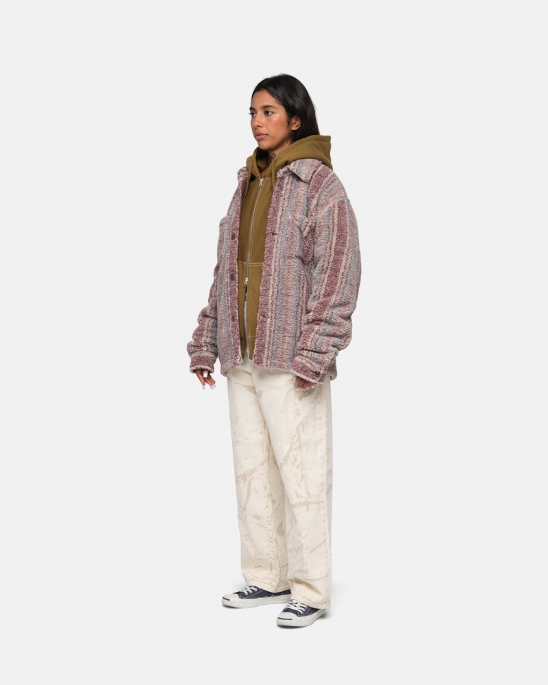 Stussy Stribet Sherpa Shirt - Unisex Tops Rød | EDKVG19331