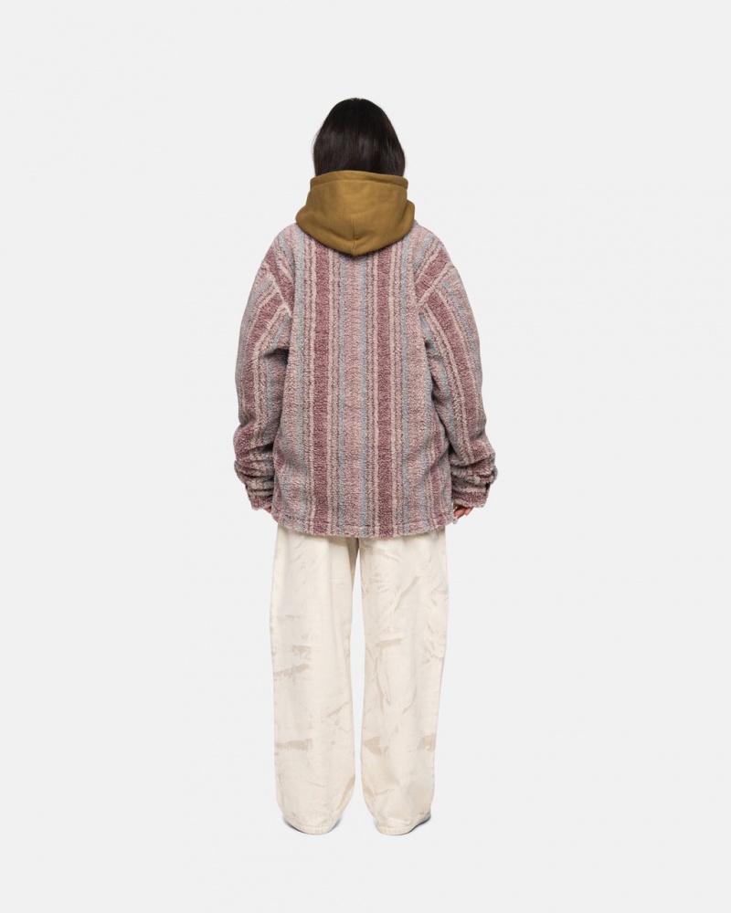 Stussy Stribet Sherpa Shirt - Unisex Tops Rød | EDKVG19331