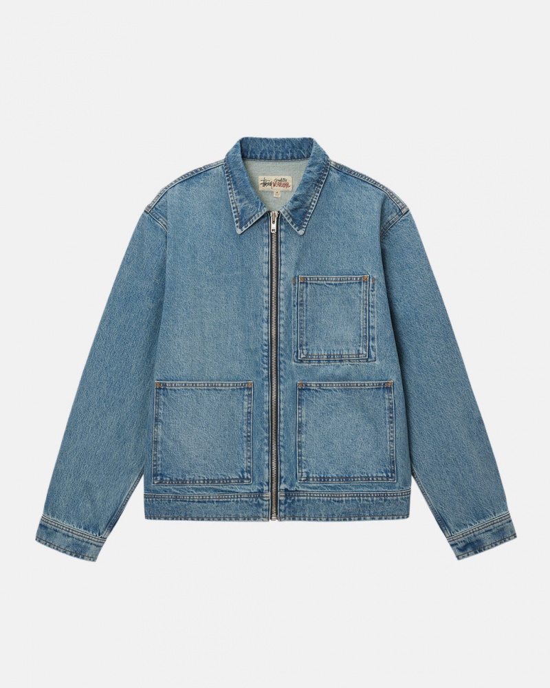 Stussy Zip Arbejds Jacket Denim - Unisex Jackets Blå | DKNEJ22103